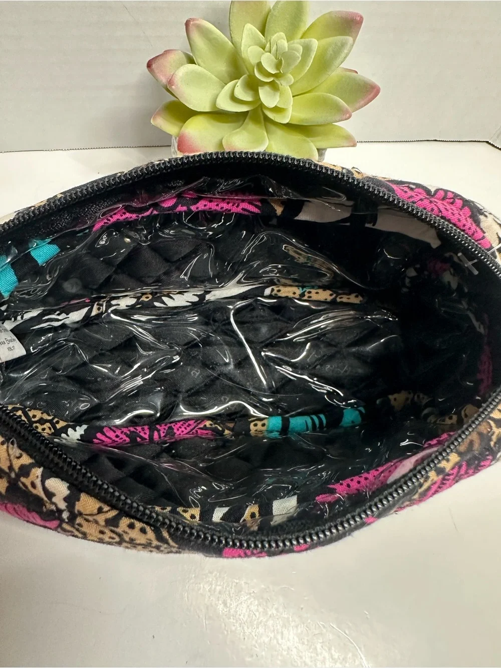 Vera Bradley Quilted Cosmetic Case in Pink Teal Cream Leaf Print